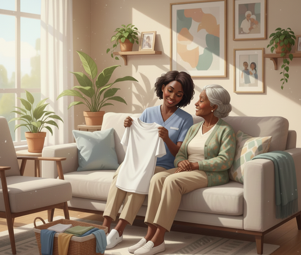 Black female care worker sitting beside an elderly Black woman on a comfortable sofa in a bright, calm living room